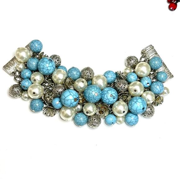 Bracelet Blue Pearl Silver Bead Cha Cha Statement Chunky Jewelry AU22 - Picture 1 of 7